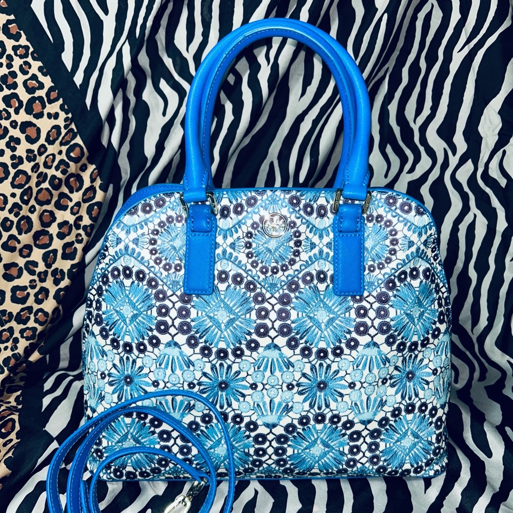 Tory Burch Blue and White Satchel with Intricate Design